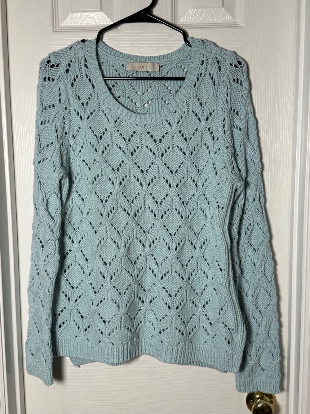 LOFT Light Blue Diamond Pointelle Open Knit Sweater Crewneck Boho No Size Tag